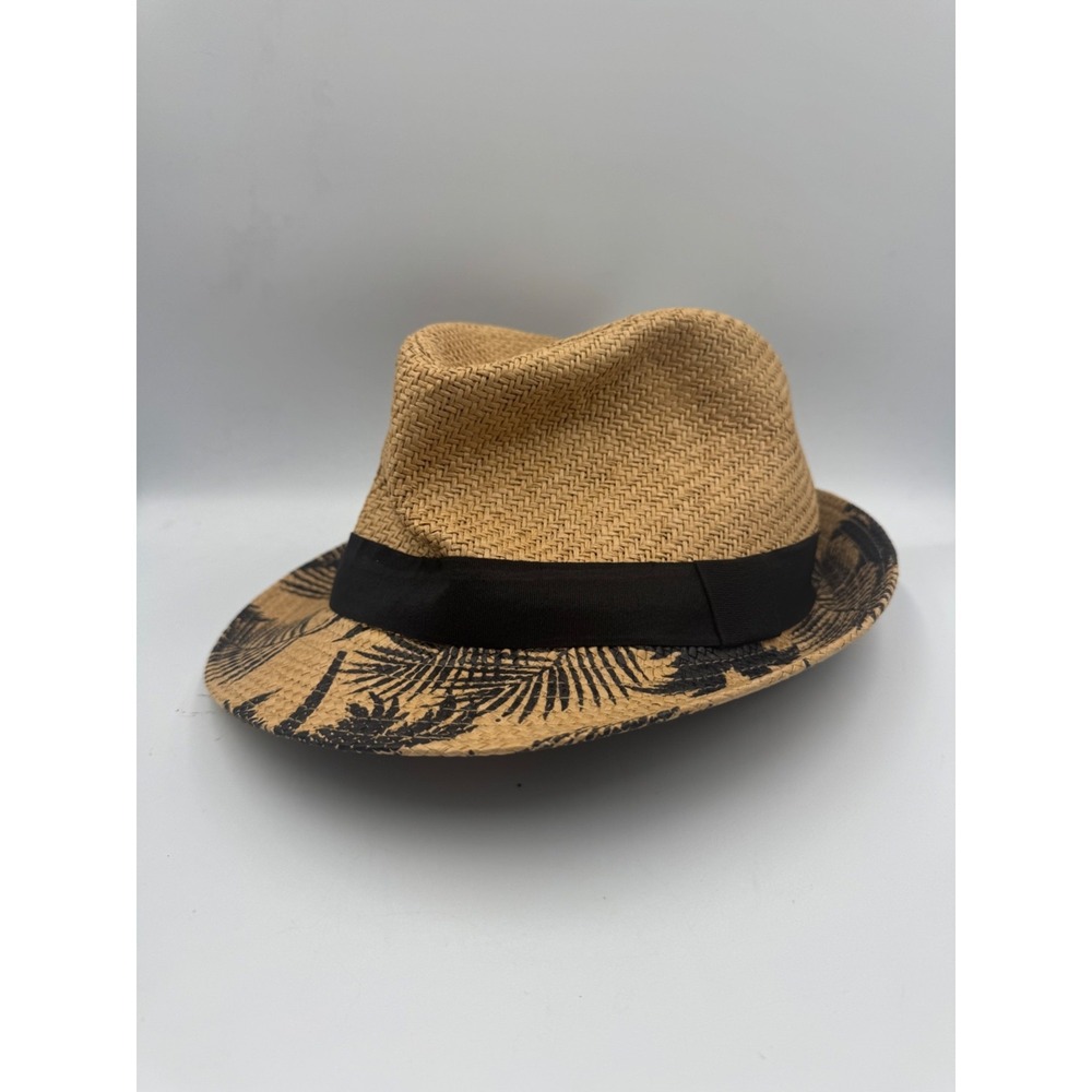 NWT Jos a Bank Straw Tropical Print Brim Fedora Hat‎ Men's Brown Summer Beach
